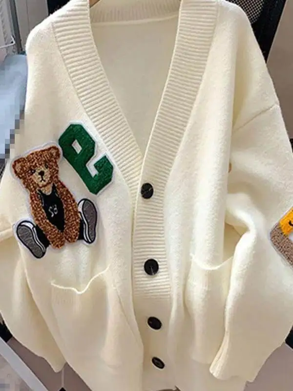 Loose Knitted Cardigan Spring Autumn Winter Outerwear Bear Embroidery Soft V-Neck Women's Korean Style Long Sleeve Sweater Coat