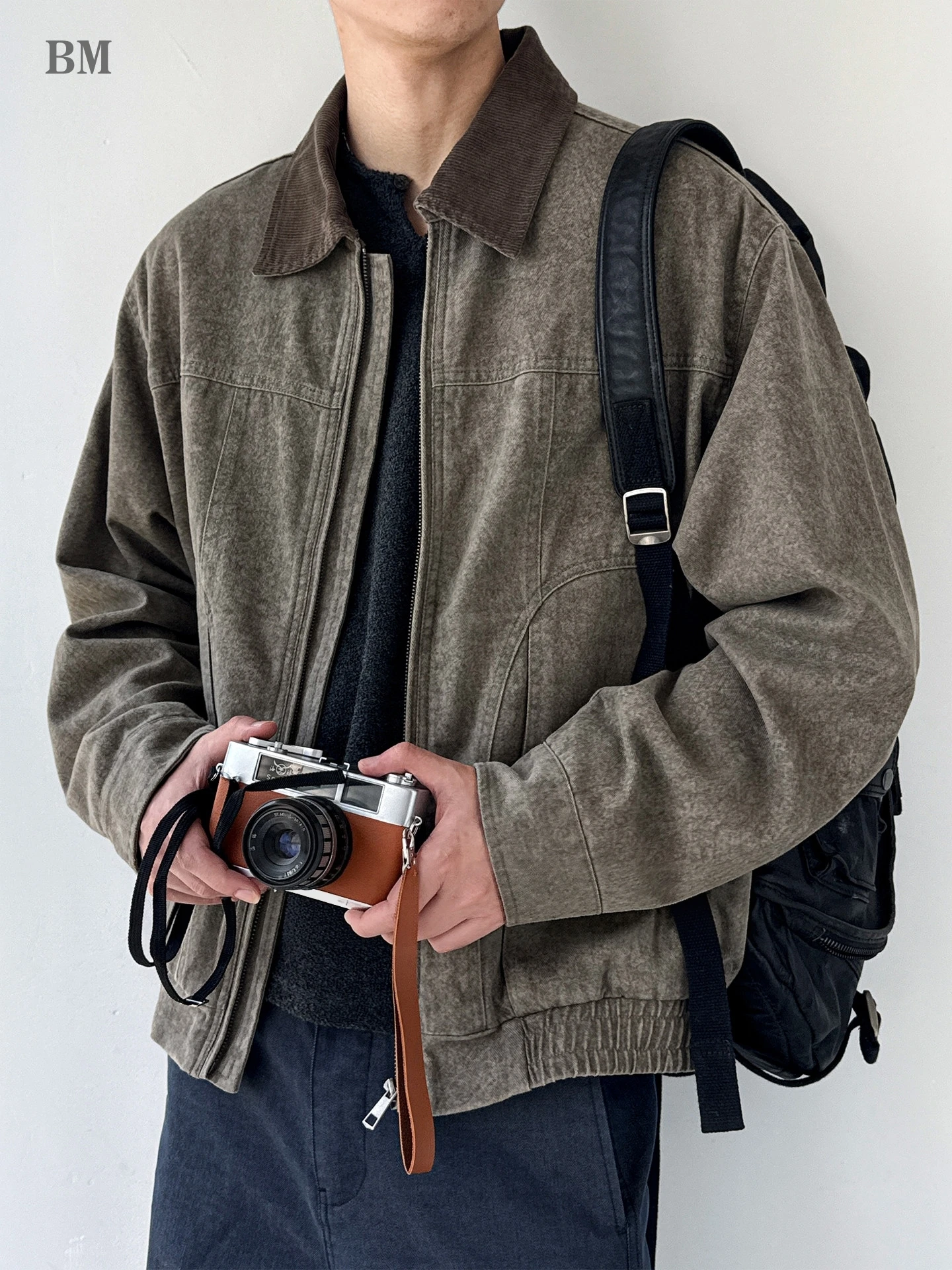 Mens American High Street Deconstructed Washed Work Jacket Corduroy Collar Patchwork Turn Down Collar Autumn Outwear Trendy
