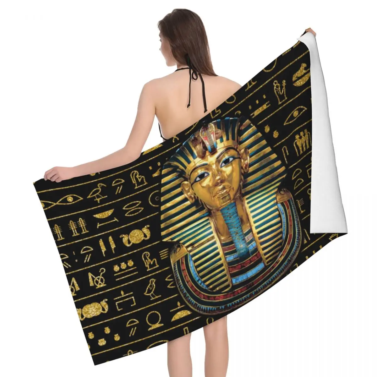 Custom Ancient Gold Pharaoh Egypt King Tut Bath Beach Towel Microfiber Egyptian Hieroglyphic Shower Sports Yoga Towels