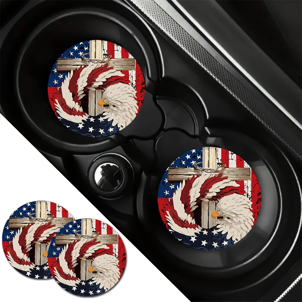 2-Pack USA Flag & Patriotic Bird Themed EVA Cup Holder Coasters For Vehicle And Home Desk - Independence Day Celebration Decor