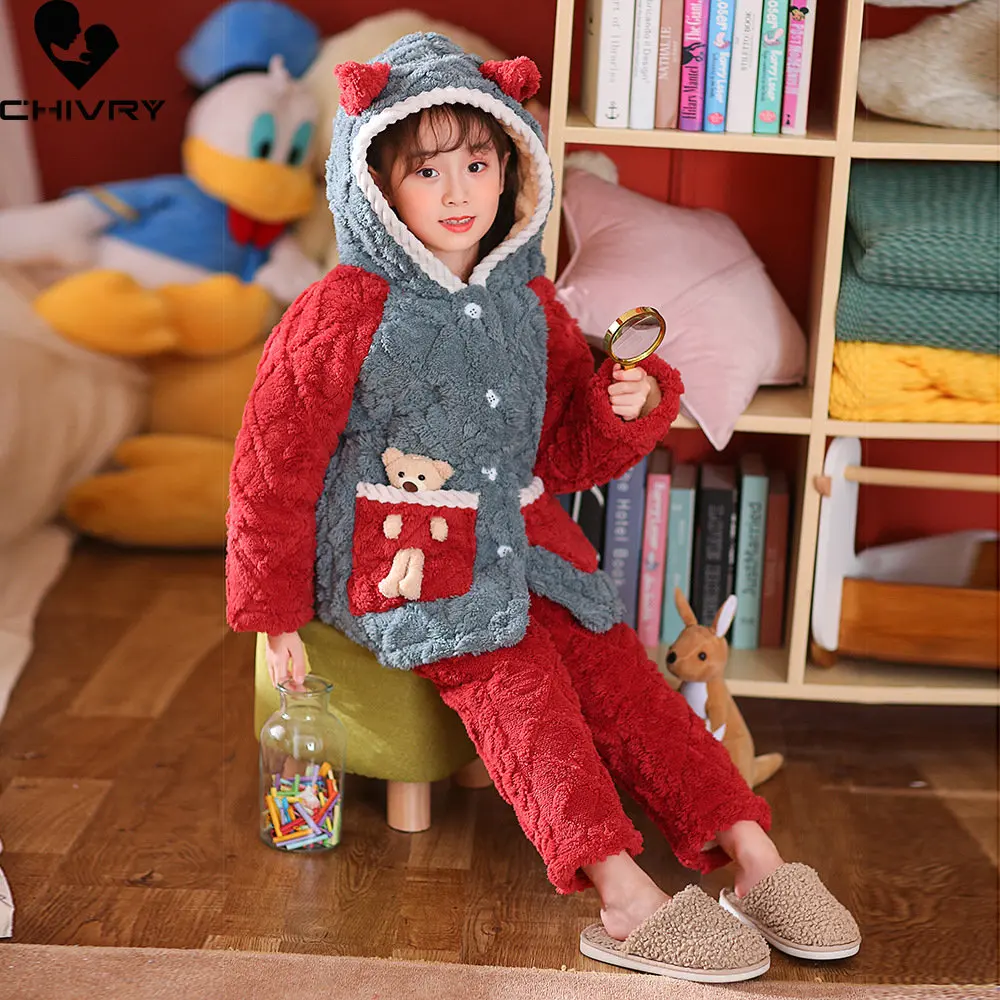 

New Winter Kids Flannel Cotton-padded Thicken Warm Pajamas Cartoon Bear Hooded Pyjamas Sets Baby Boys Girls Sleepwear Home Wear