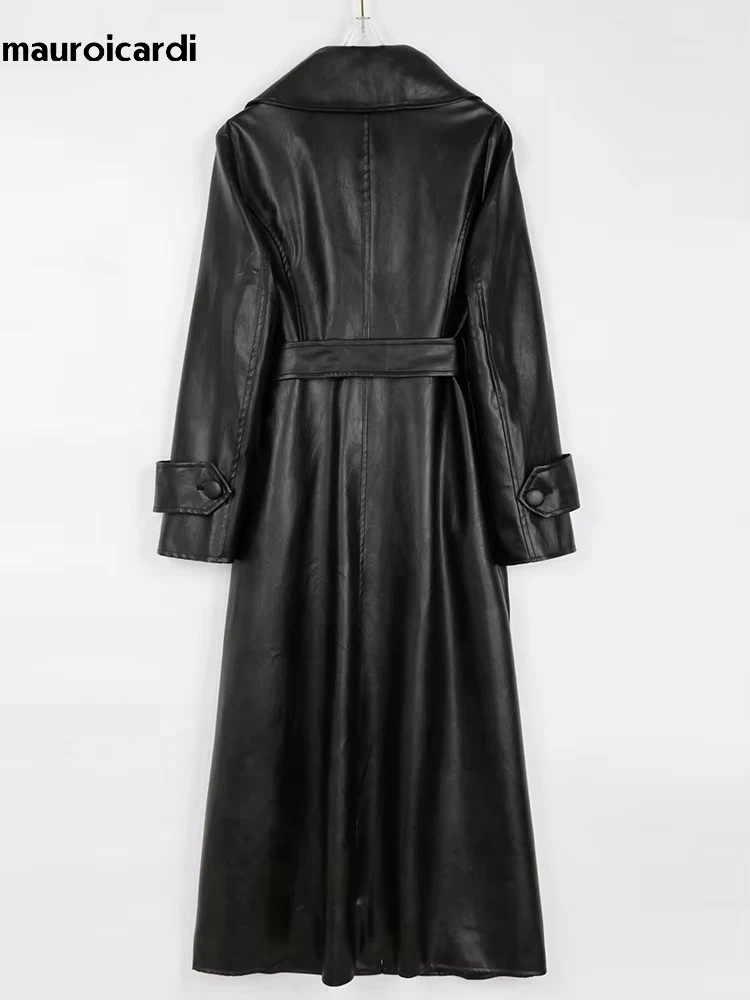 Mauroicardi Spring Autumn Extra Long Fitted Black Pu Leather Coat Women Sashes Luxury Elegant Chic Faux Leather Overcoat 2025