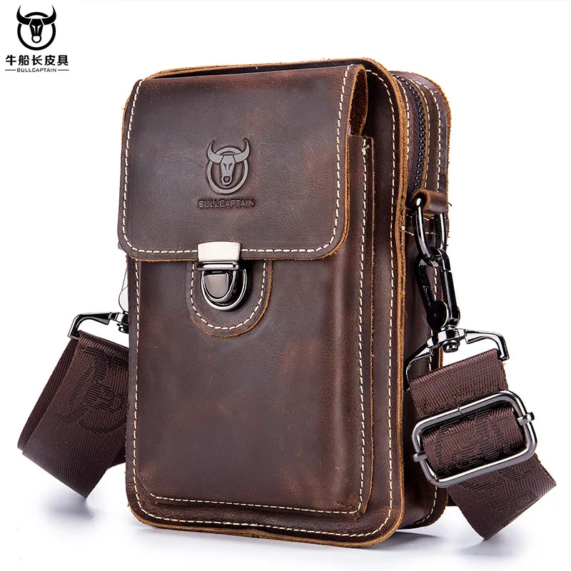 BULLCAPTAIN Men's Genuine Leather Waist Packs Casual Belt Mobile Phone Bag 100% Cowhide Men Small Shoulder Bag Crossbody Bag