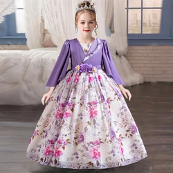 Girl's Pearl Bow Princess Dress 4-12 Year Old Fashionable Flower Print Casual Dress Elegant Carnival Birthday Host Performance