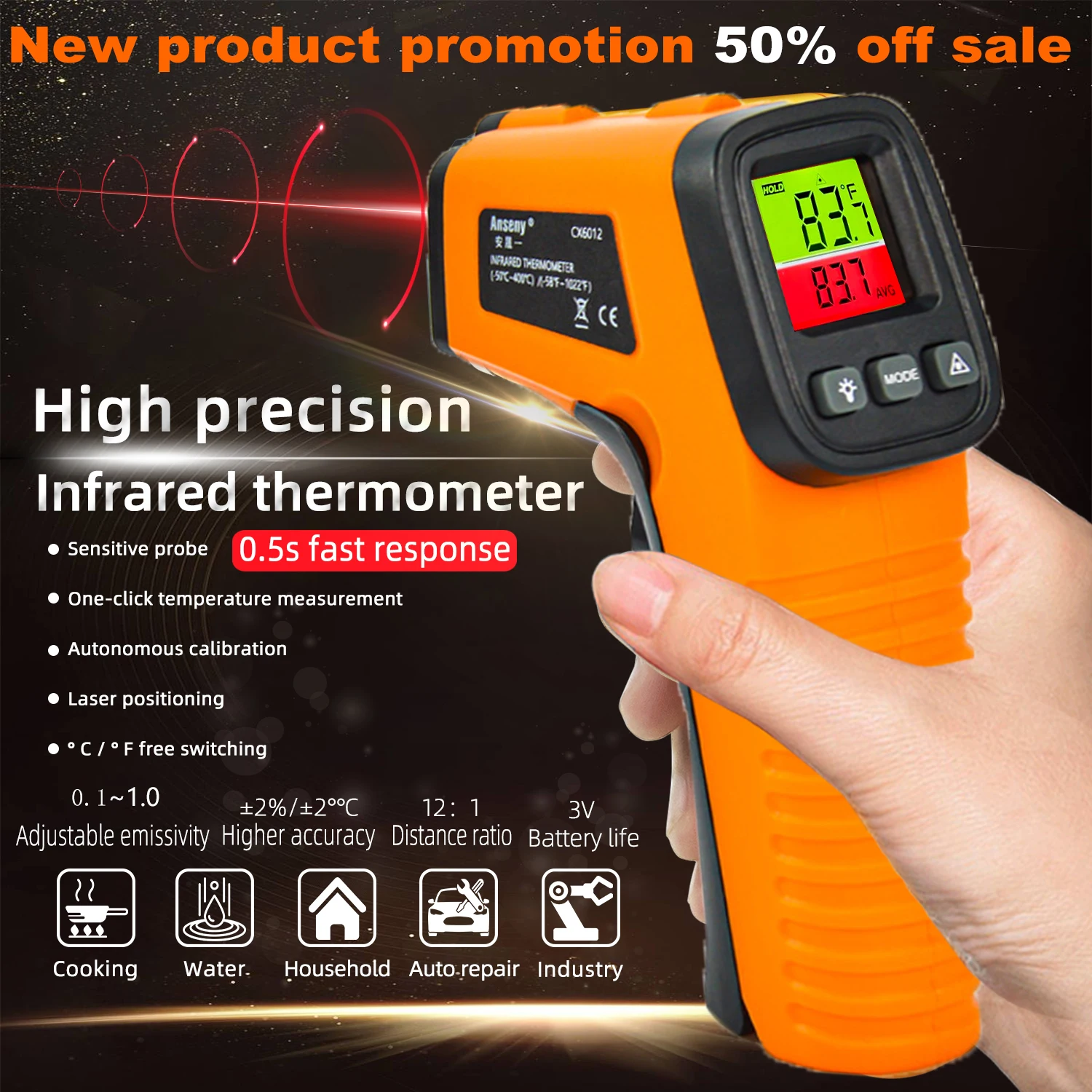 

CX6014 Digital Infrared Thermometer -58~1022°F 12:1 IR Termometro Gun Pyrometer Non-Contact Laser Temperature Meter Gauge Tools