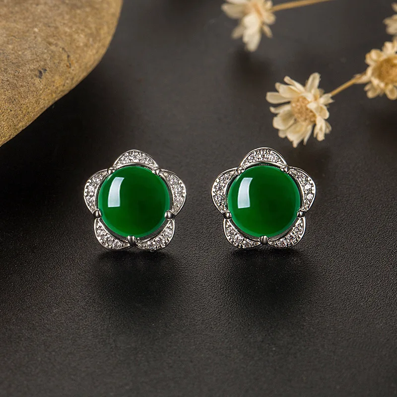 

Natural Green Jade Flower Earrings 925 Silver Agate Chinese Hand-Carved Fashion Charm Jewelry Accessories Amulet Gifts for Women