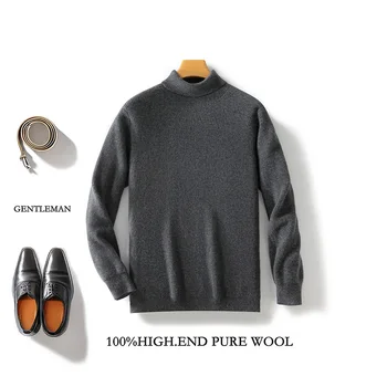 Pull à col roulé en cachemire pour homme, haut à manches longues, pull haut de gamme, laine mérinos, tricot, affaires, décontracté, automne, hiver, nouveau, 2024, 100%