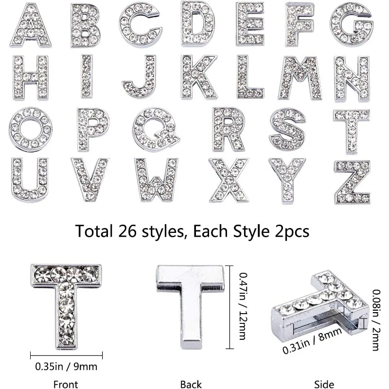 52 Uds. Cuentas de diamantes de imitación con letras deslizantes de A-Z del alfabeto, letras del alfabeto deslizantes con agujero de 8mm para