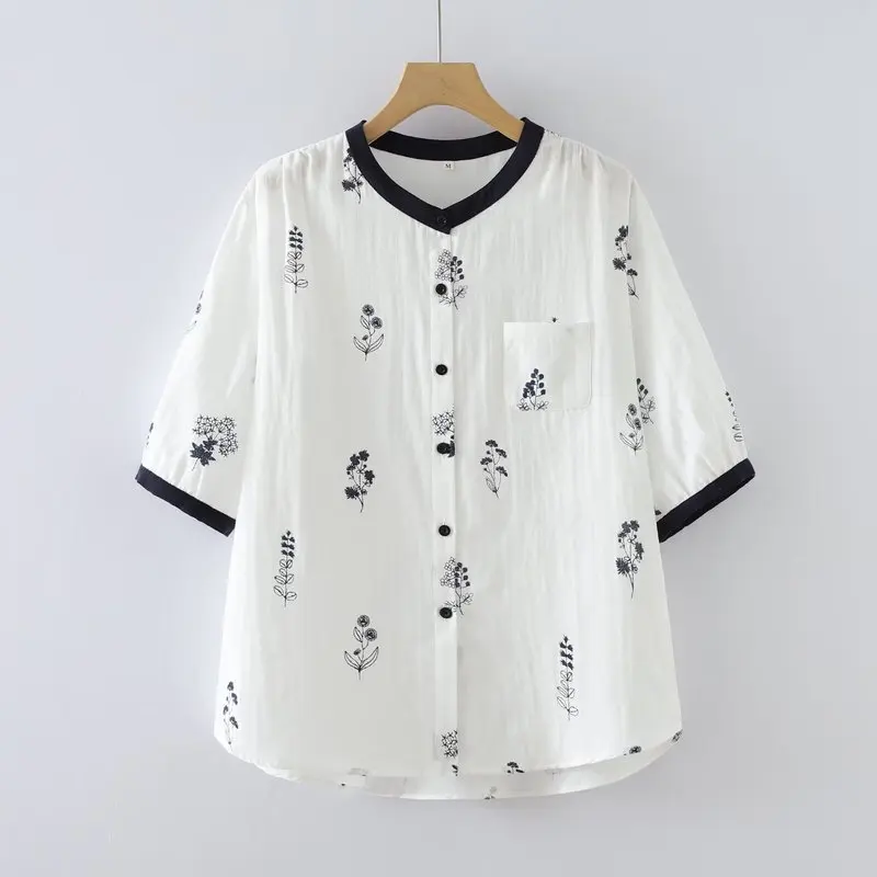 Japanese Mori Girl Vintage Cartoon Branch Printed Cotton Shirts Women Summer Stand Collar Short Sleeve Casual Loose Blouse Tops