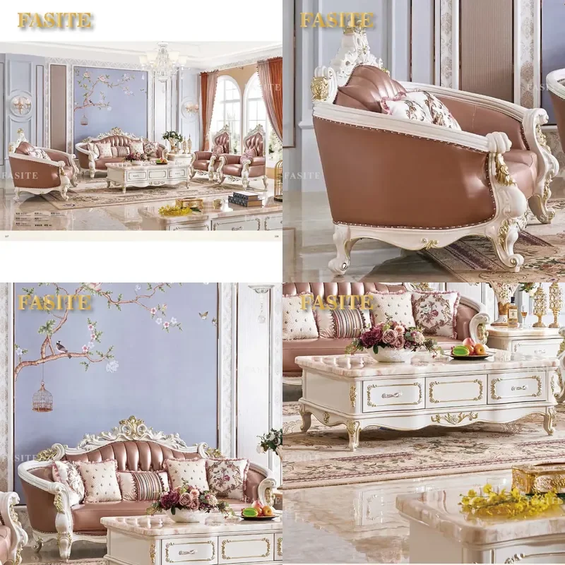 For European Luxury Carved Solid Wood French Genuine Leather Sofa Set 1 2 4 Seater Couch Hotel Villa Home Living Room