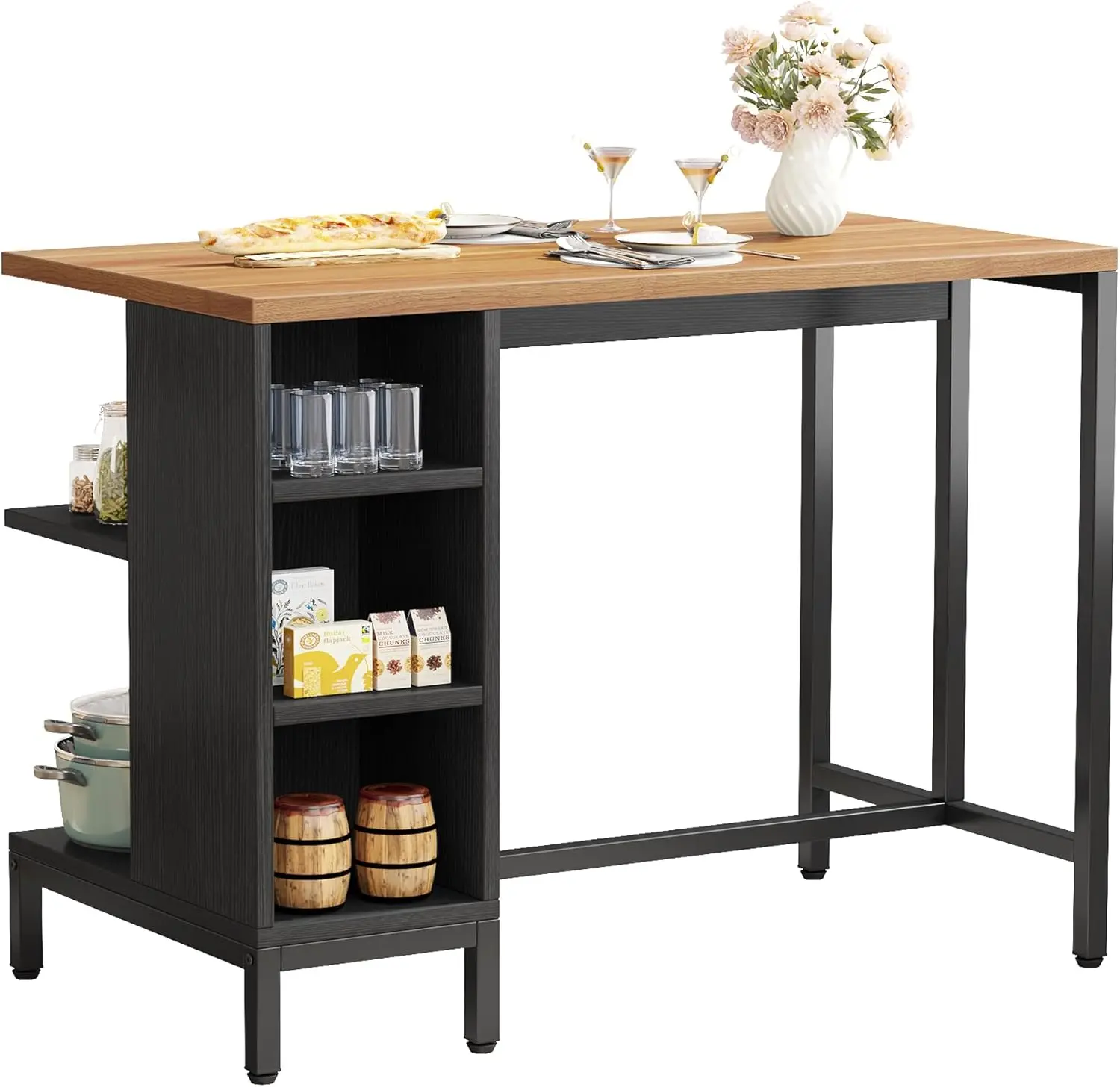 Little Tree Kitchen Island With 5 Storage Shelves, 43 Inch Kitchen Shelf Coffee Bar Table With Large Worktop, Industrial