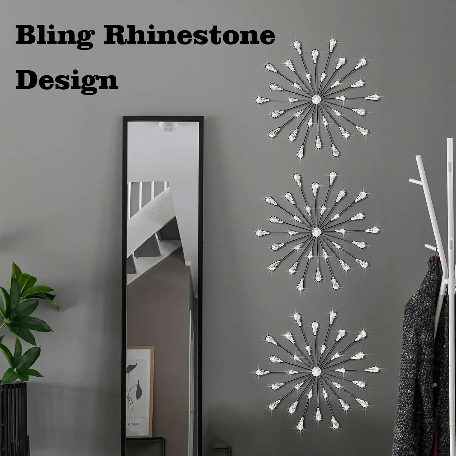 3 Set Black Starburst Wall Art for Home Decor Metal Bling Crystal Rhinestones Sunburst Wall Decor Sparkling, Customized
