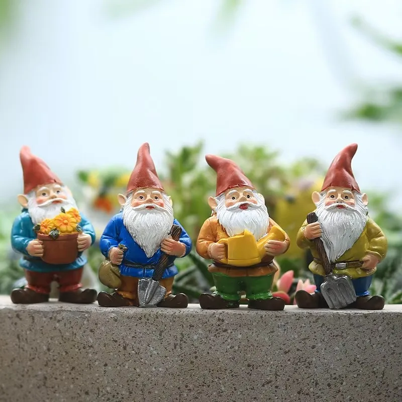 4pcs/Set Cute Gnome Resin Statue Dwarfs Gardener Bonsai Decorative Animal Sculpture For Home Office Room Garden Decor Ornament