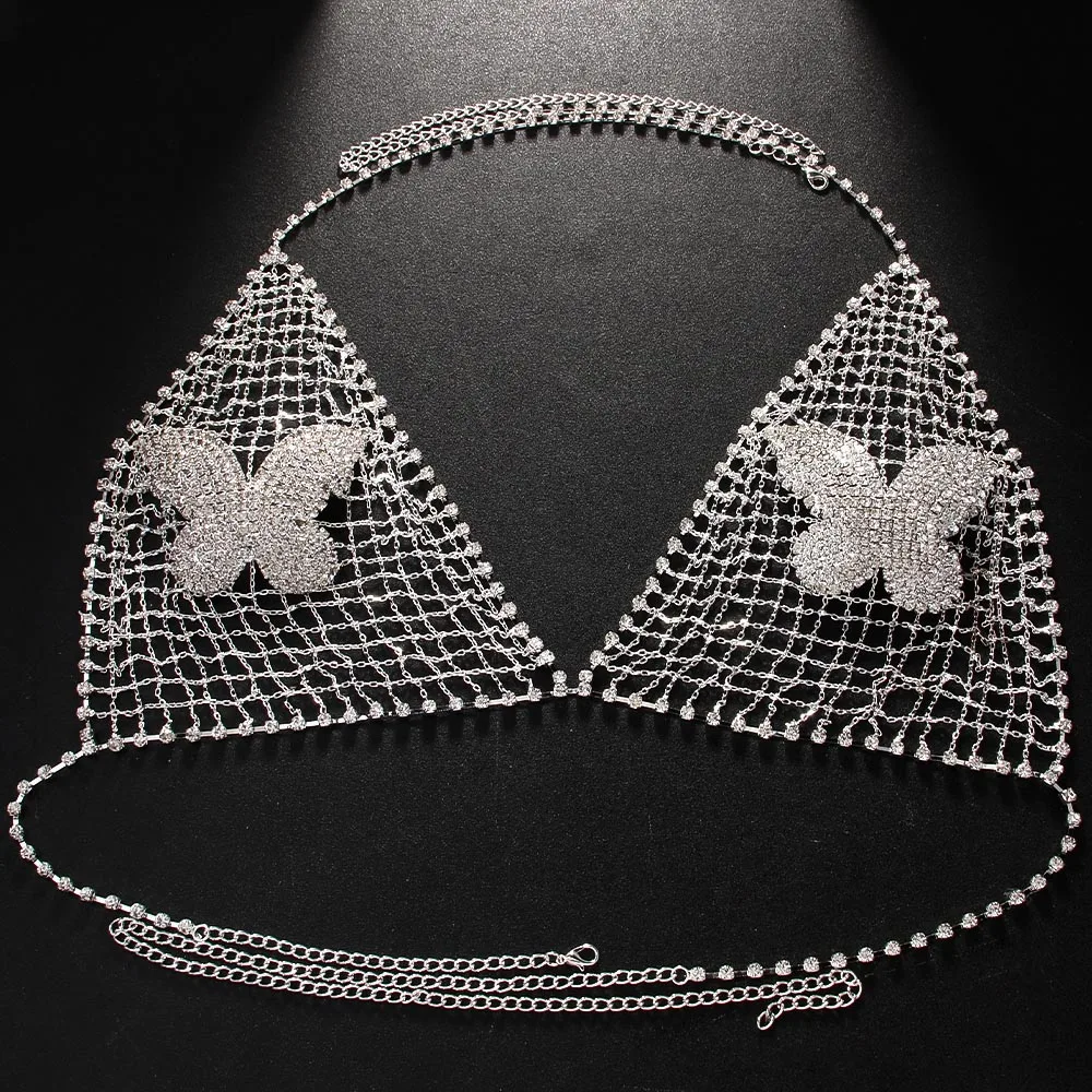 Stonefans Sexy Crystal Fashion Top Lingerie Jewelry Women New Butterfly Mesh Bra Chain Bikini Body Accessory Festival Clothing