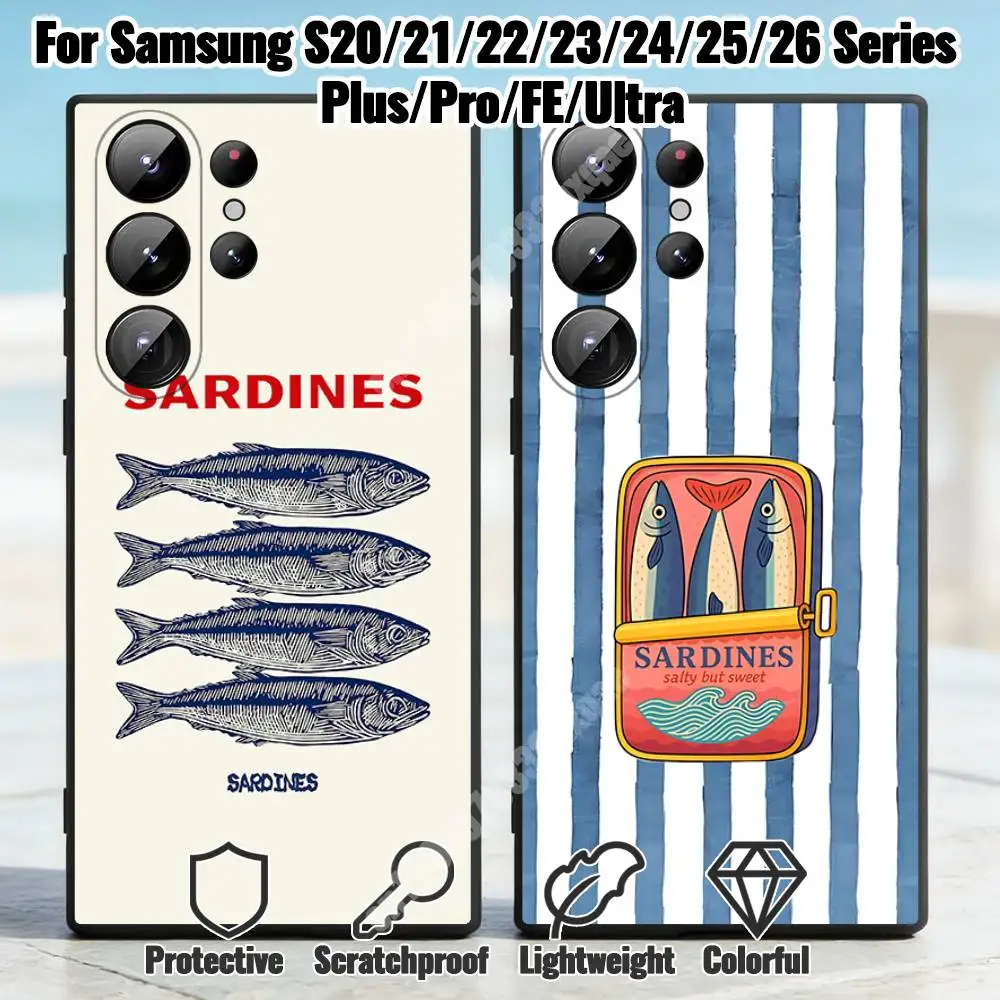 Retro Sardine Fish Pattern Phone Case for Samsung Galaxy S30 26 25 S24 23 22 S21 20 Ultra Plus FE Lite Shockproof Silicone Cover