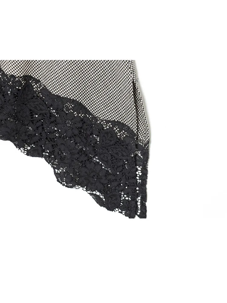 HH المرأة الموضة تنوعا الوقوف طوق أكمام houndstooth و الدانتيل المرقعة الأعلى الإناث أنيقة غير المتماثلة هيم بلا أكمام