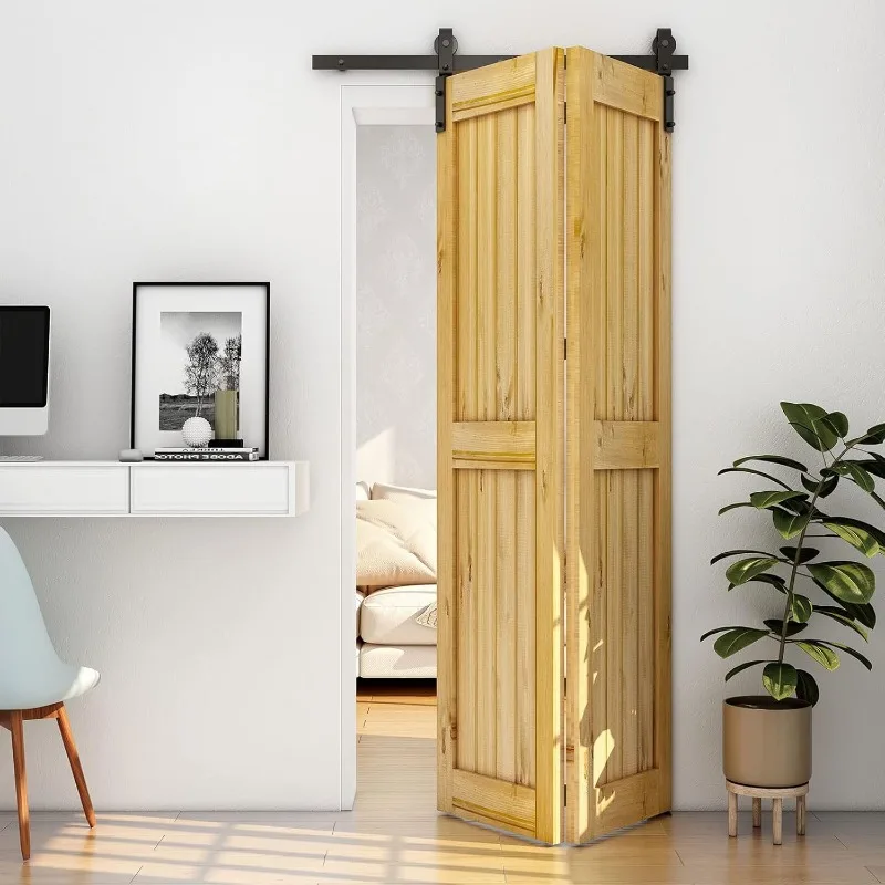 

96" Bi-Folding Sliding Barn Door Hardware Kit for 2 Doors,Slide Smoothly Quietly,Black Track J Shape Roller,No Door