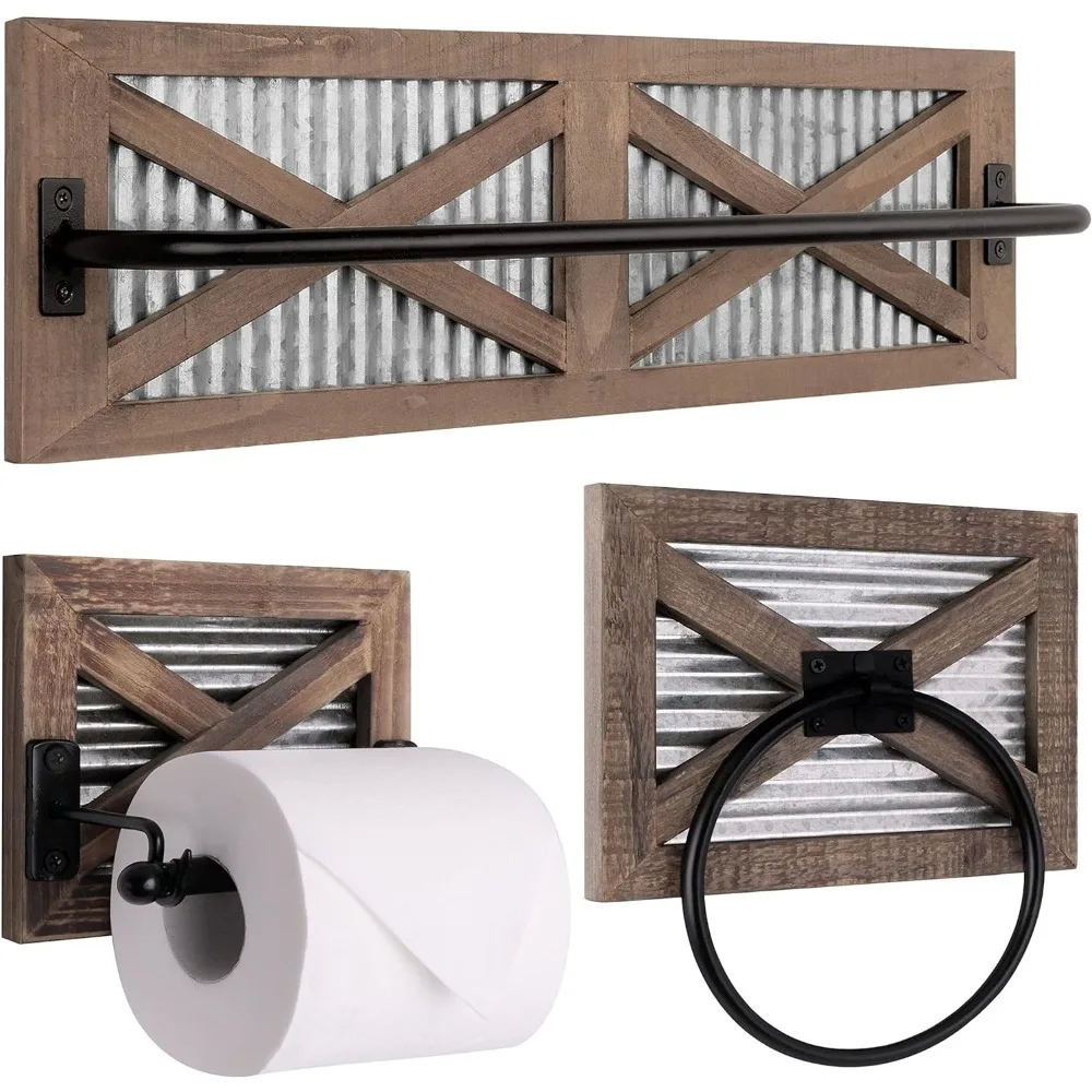 Autumn Alley Barn Door Rustic Farmhouse Bathroom Set - Toilet Paper Holder, Towel Ring, and Towel Rack