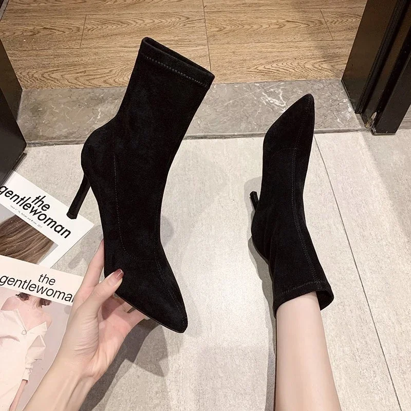 2024 Luxury Women Beige Black Sock Boots Stiletto Thin High Heels Elastic knitting Boots Winter Stretch Fabric Boots Plus Size