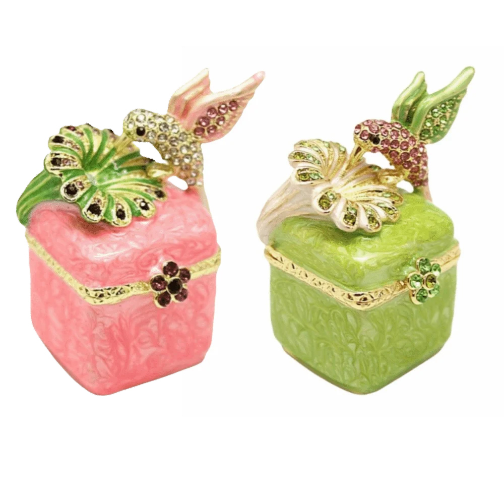 Metal Construction Hummingbird Bird Figurine Jewelry Box Mini Size Hinged Lid Mini Hinged Jewelry Box Pink Green Color Option