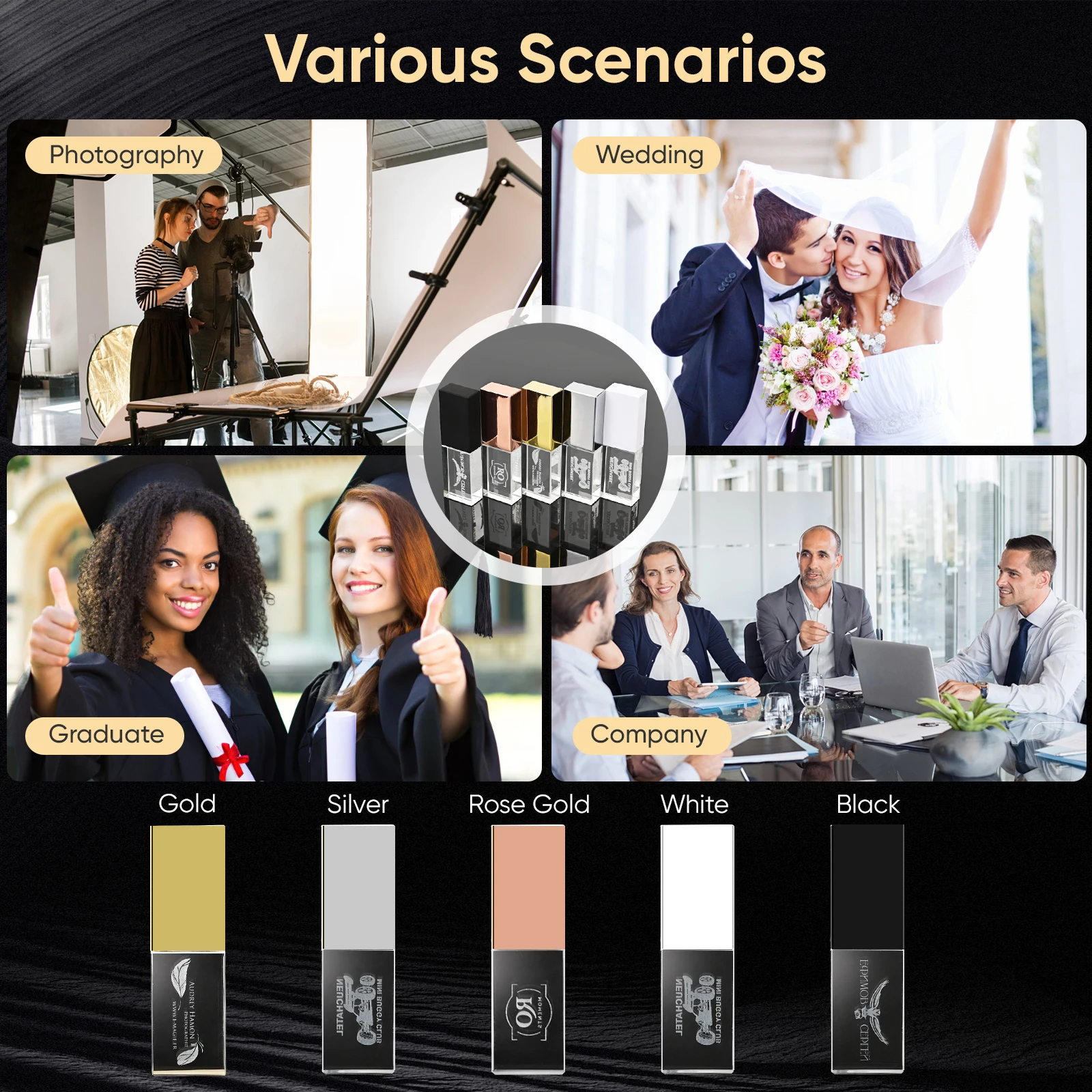 1 Free LOGO Rose Gold Crystal USB Flash Drive 64GB Wedding Gift Box Memory Stick 3D Inner Engraving U Disk Photography Studio