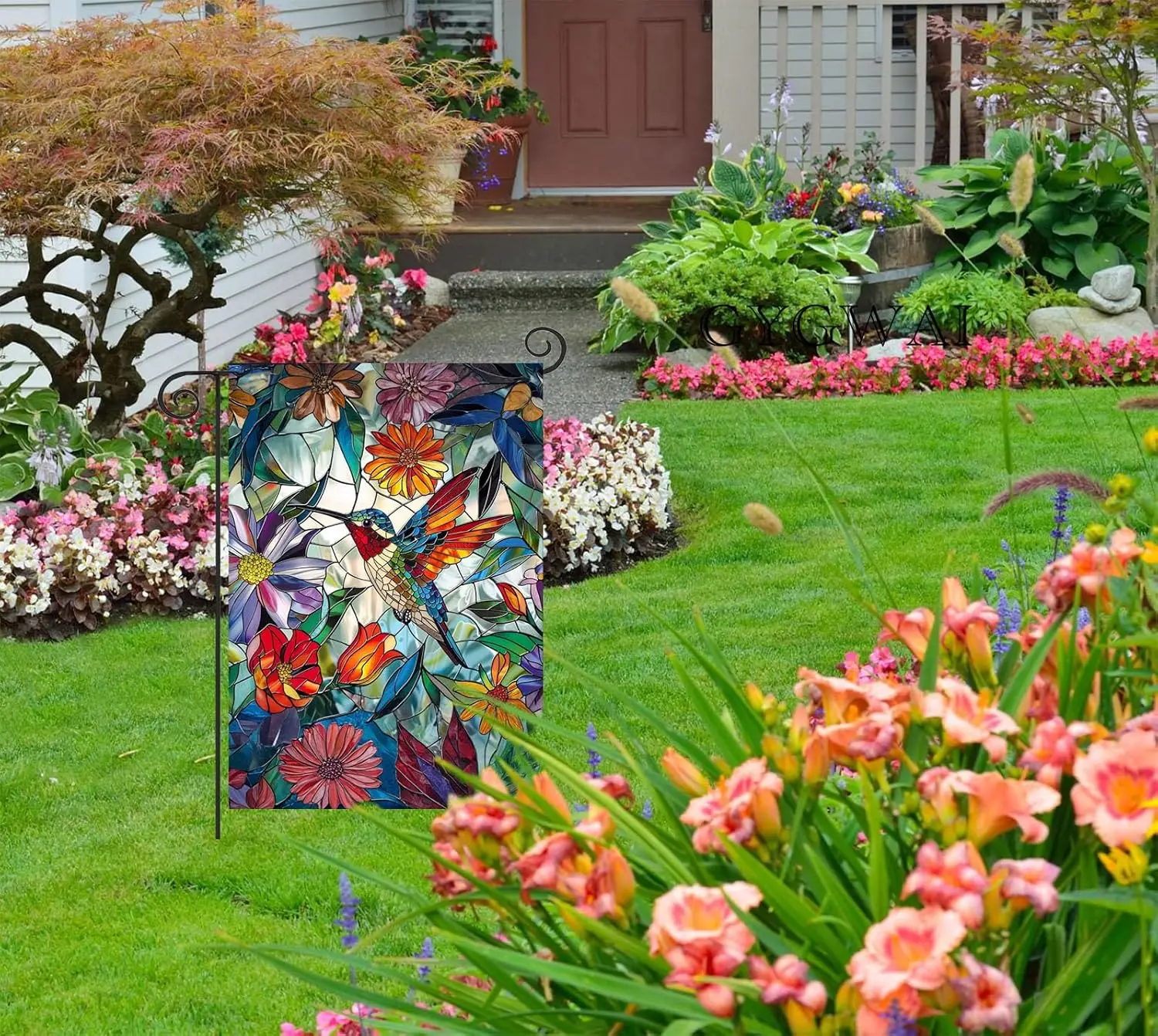 Stained Glass Spring Hummingbird Garden Flag 12x18 Inch Double Sided for Outside, Colorful Small Large Burlap Yard Flag for  GGO