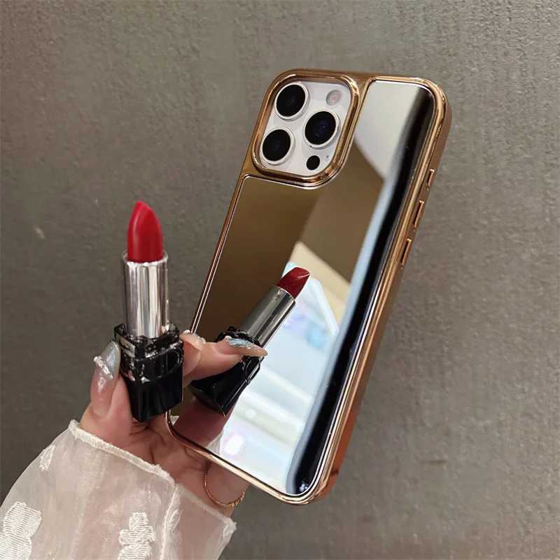 

Luxury Plating Make Up Mirror Plating Frame Phone Case For iPhone 11 12 13 14 15 16 17 Pro Max Plus Shockproof Protective Cover