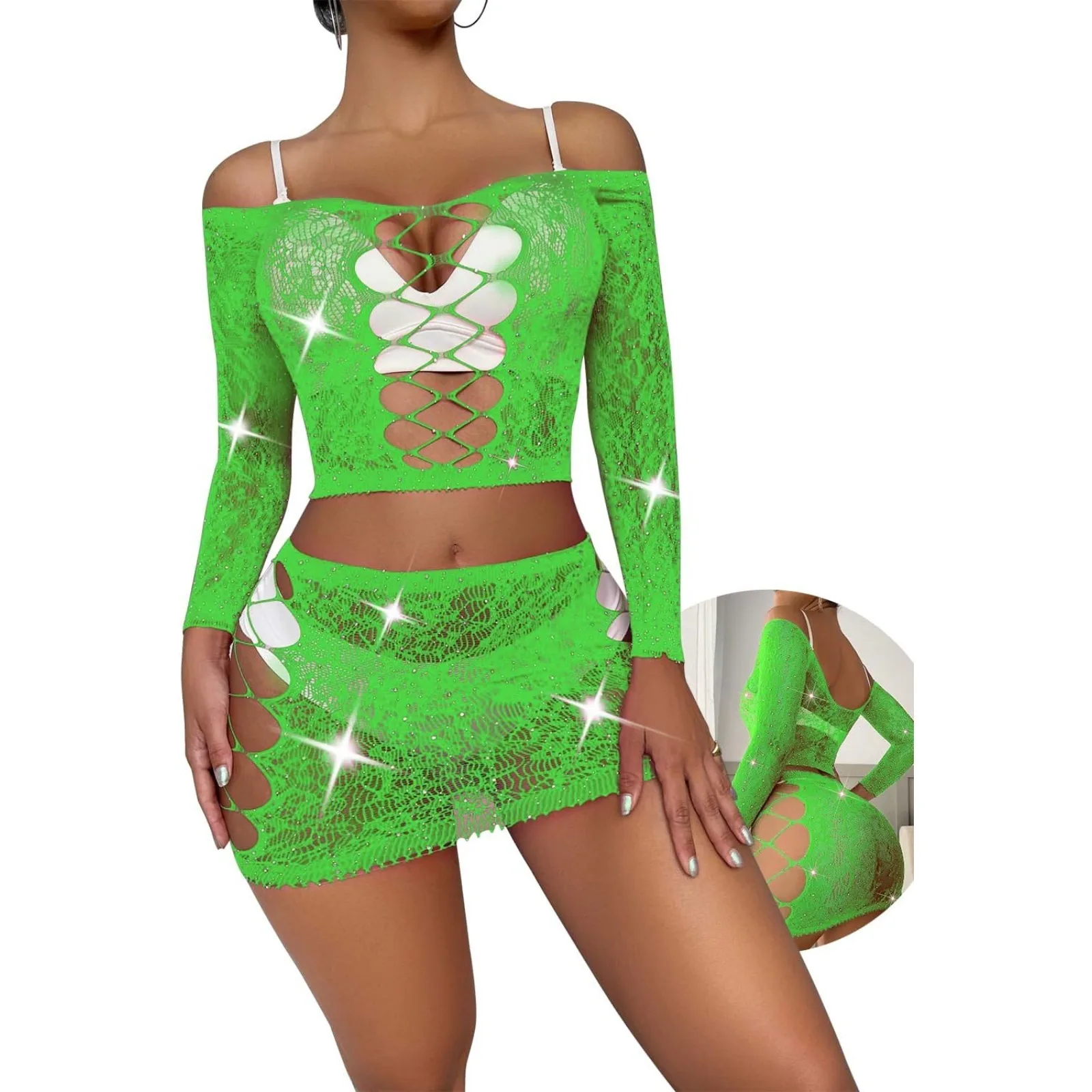 女性のセクシーなスパークルラインストーンランジェリーセット女性用シースルーミニマイクロブラジャービキニ G ストリングボトムセット