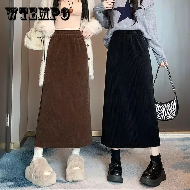 

WTEMPO Women's High Split Skirts Female Chenille Skirts for Girl Winter Autumn Midi Skirts Korean Style Fleece Lined Skirts