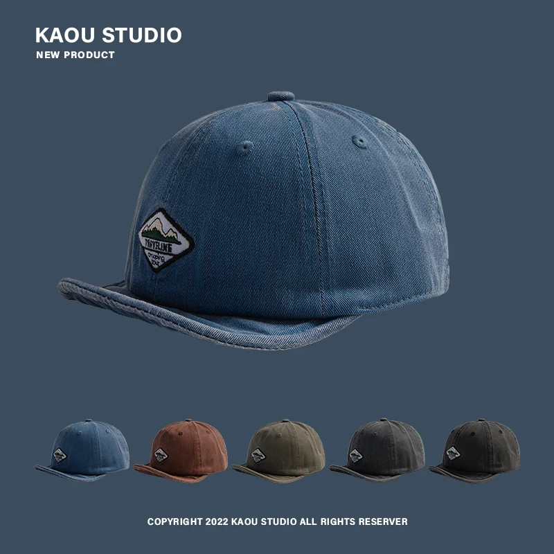 

Short-Brimmed Hat Men's Washed Denim Soft Brim Peaked Cap Women's Style Distressed Patch Big Head Circumference Baseball Cap