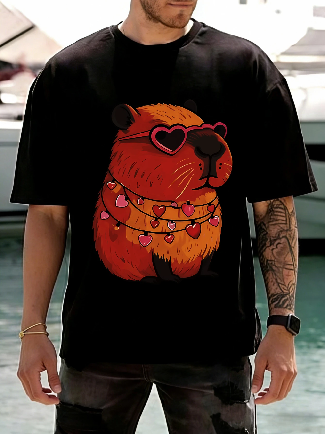 

Graphic Printed Capybara Heart Sunglasses Funny Men's Cotton Oversized Short Sleeve T Shirt Summer Casual Tee