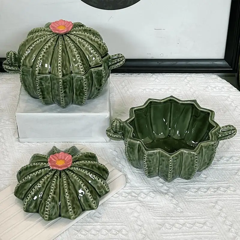 

American style creative cactus shaped ceramic storage jar with lid household large double ear noodle bowl soup bowl home decor