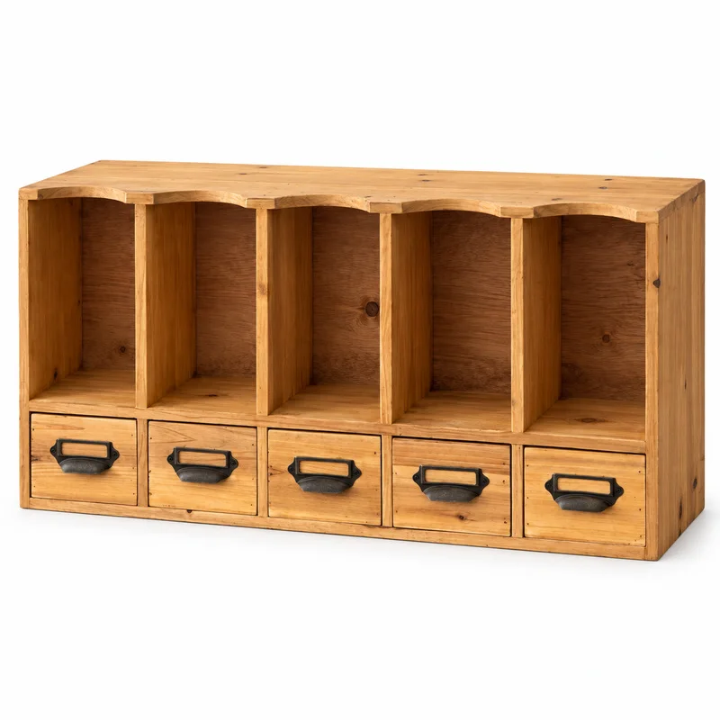 Rustic Zakka Cedar Wood Desk Organizer, 5-Drawer Storage Cabinet with 5 Cubbies for Office, Crafts and Home Decor
