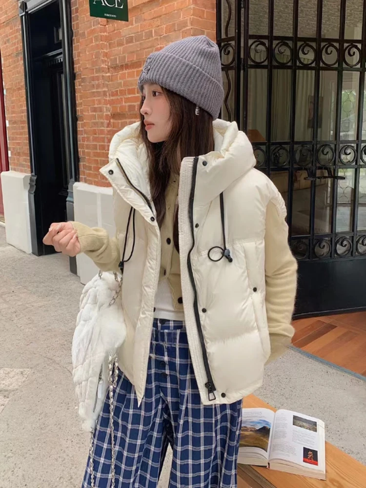 가을 겨울 후드 푸퍼 솔리드 다운 베스트 여성용 따뜻한 지퍼 조끼 아우터웨어 여성용 화이트 덕 다운 민소매 조임끈 조끼