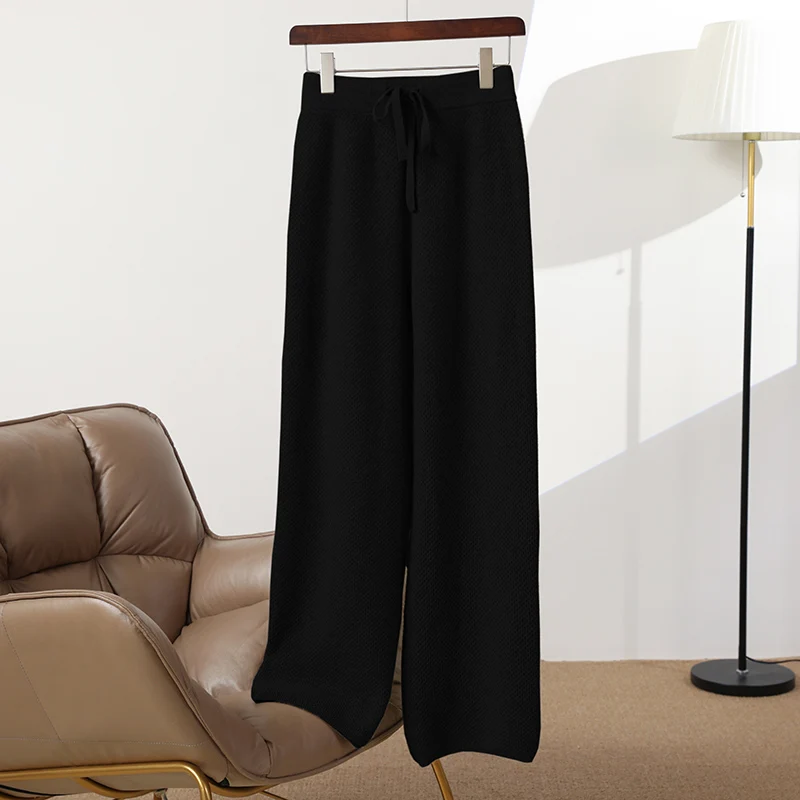 100% merino wool women's knitted trousers, fashionable, warm, honeycomb stitching, wide-leg pants, new autumn and winter 2024