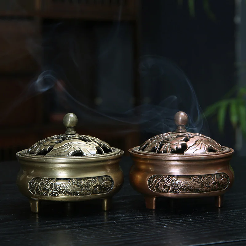 

1 Set Mini Pure Copper Sandalwood Censer Home Decor Lotus Flower Three-legged Incense Burner