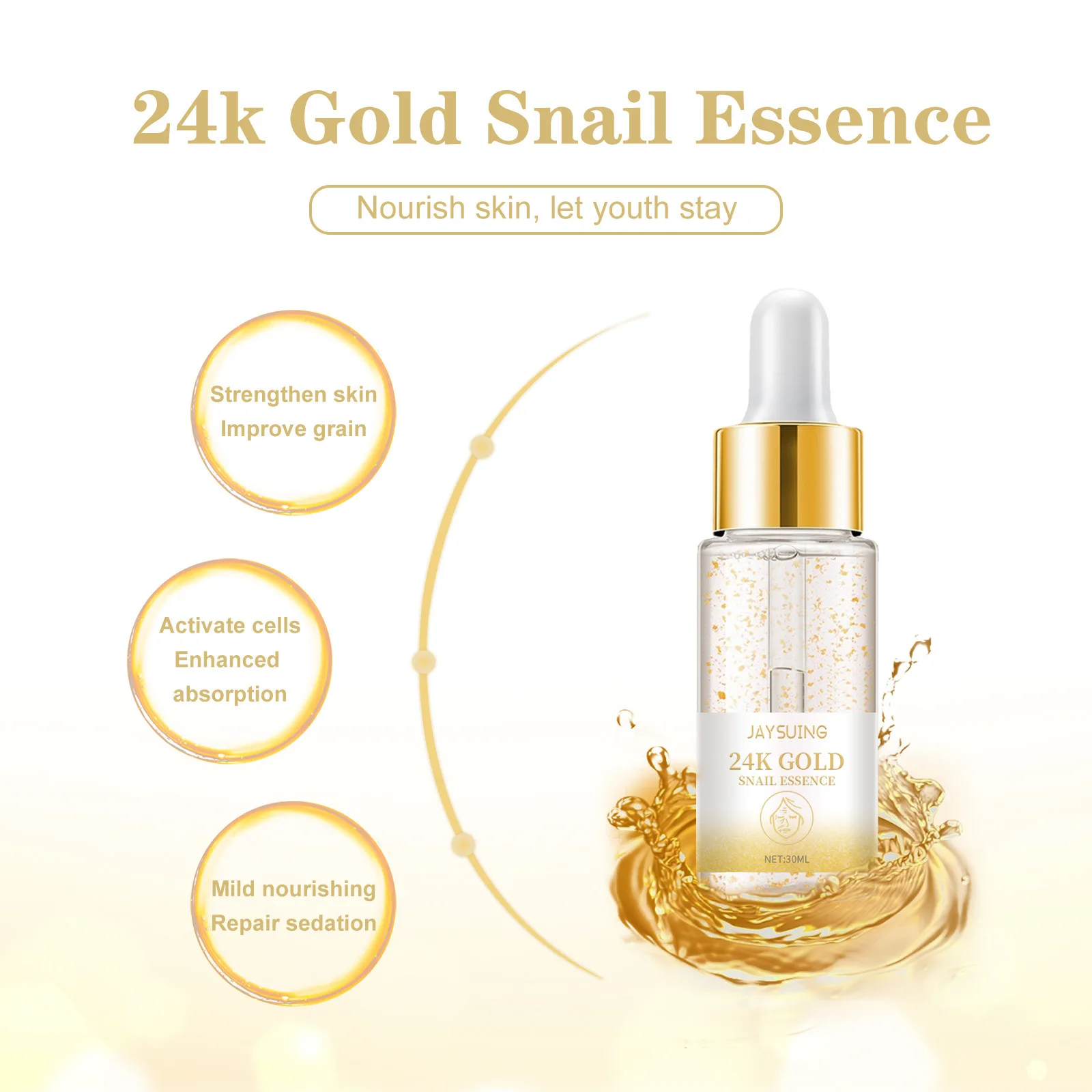 Essence qualifiée ale dorée 24 carats, hydrate, éclaircit, déforme, nettoie en profondeur, rétrécit les pores, illumine la peau