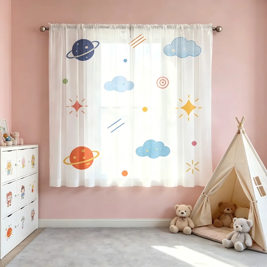 2PCS Digital Print Sheer Curtain, Planet Cloud Space Galaxy Dreamy Cosmic Window Drapes for Living Room Bedroom Home Decor