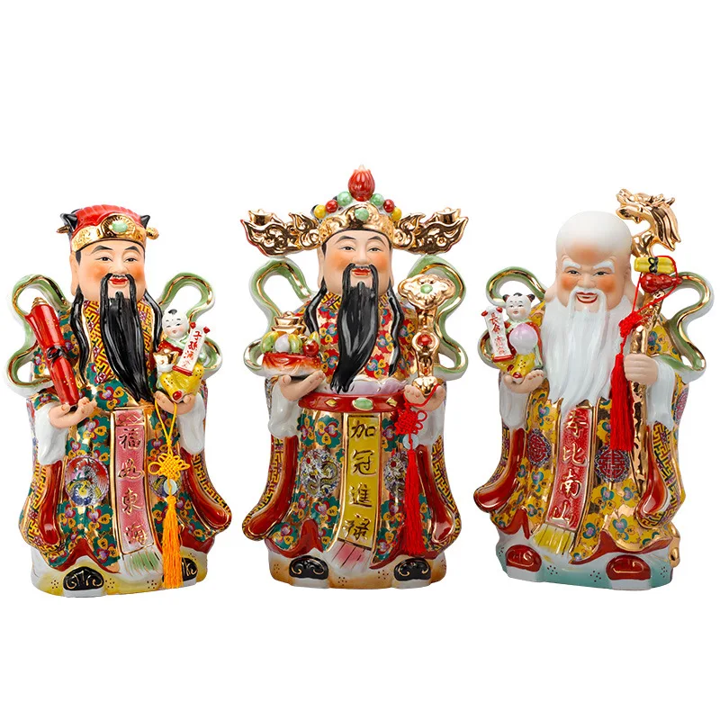 Enamel ornaments, ceramic God of Wealth, Fulu Shouxing, feng shui auspicious zodiac home furnishing