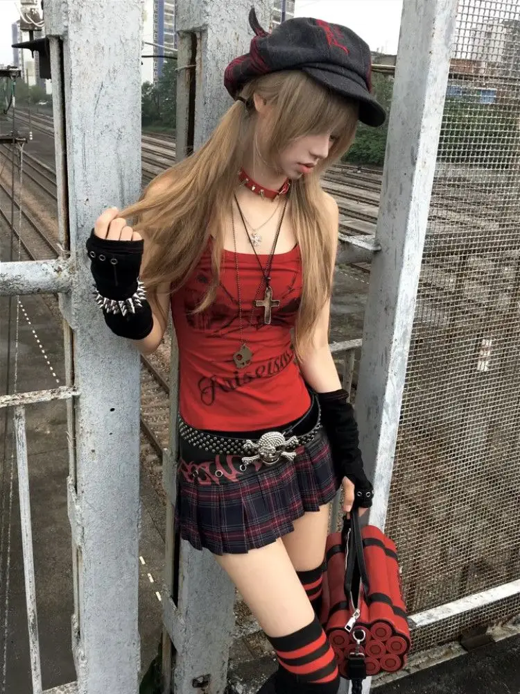 Kimotimo Punk Graffiti Print Camisole Vest Women Summer Outerwear Slim Waist Sleeveless Tops American Vintage Y2k Gothic Tanks
