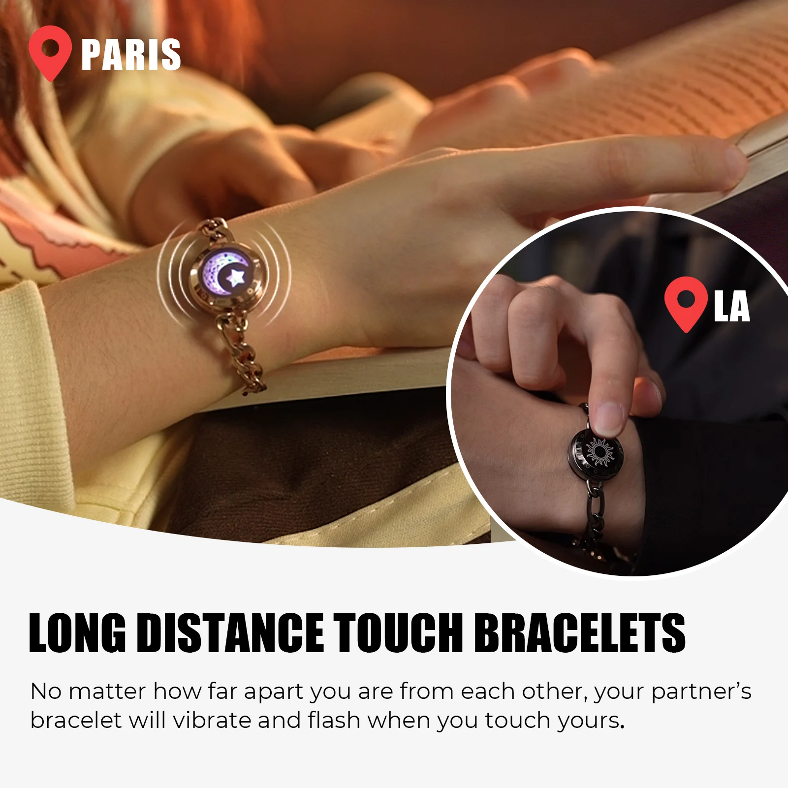 TOTWOO Pulseras táctiles de larga distancia para parejas, regalos con vibración y luz para novia, joyería de emparejamiento Bluetooth