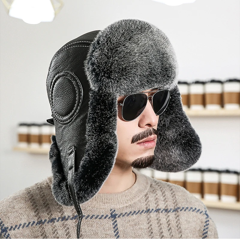 

New Arrival Men's 100% Natural Rex Rabbit Fur Bomber Hats Winter Russian Man Warm Real Sheepskin Leather Hat Male Real Fur Caps