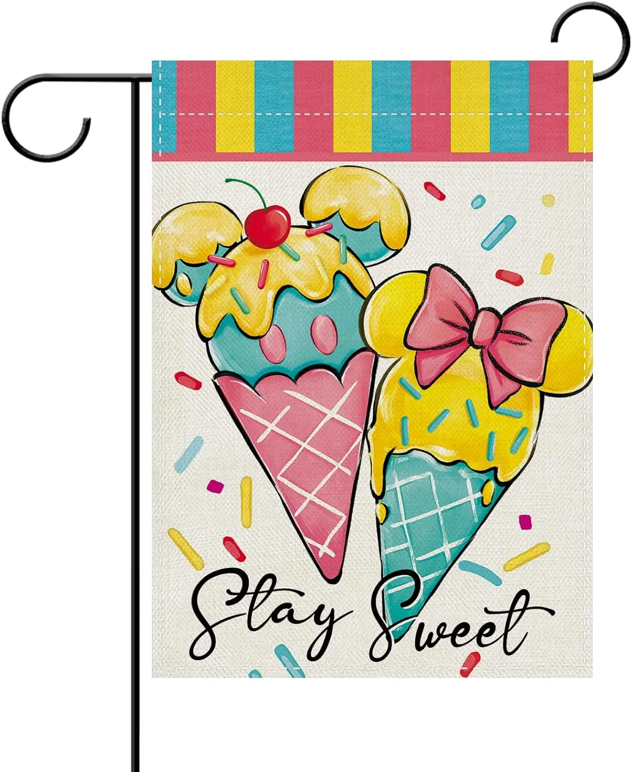 Summer Ice Cream Decorative Garden Flag, Stay Sweet Dessert Sprinkles Burlap Yard Home Decoration, Cute Pink Bow Small Outsi ZZM