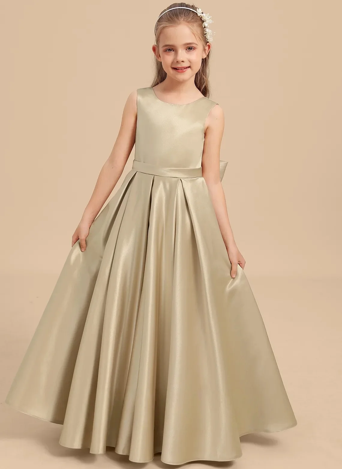 

Girls Champagne Satin Sleeveless Long Formal Dress, Kids Flower Girl Dresses for Wedding Bridesmaid Birthday Pageant Piano Gown