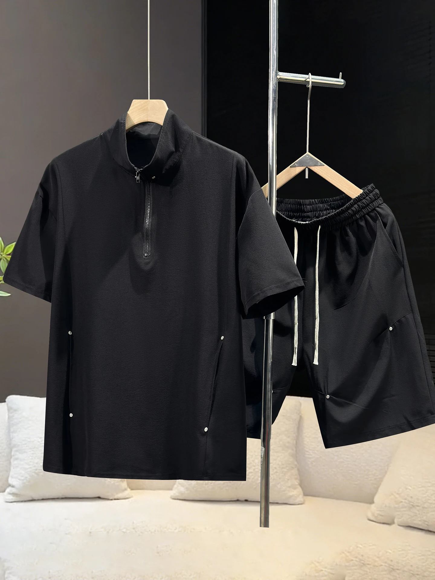 plus-size-men's-casual-sportswear-set-summer-half-zip-short-sleeve-stand-collar-two-piece-suit-comfortable-breathable-polyester