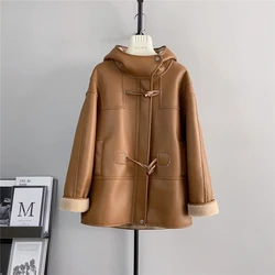 Real Wool Hooded Fur Overcoats Women Autumn Winter Horn Button Loose Warm Mid Long Motorcycle Jacket Fashion Thick Female Tops
