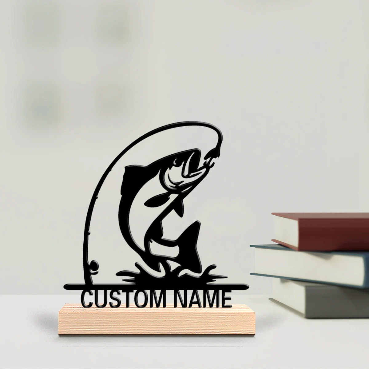 1pc New Design Personalized Custom Fishing Metal Statues Wooden Base Wall Decor for Kitchen Dining Room Modern Rustic Home Style