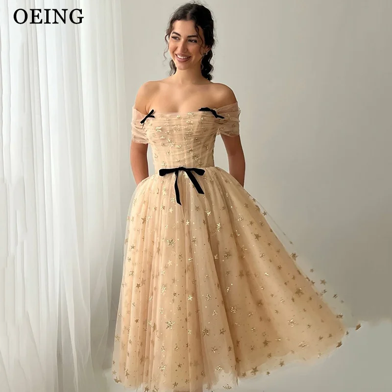 

OEING Elegant A-Line Prom Dress Champagne Draped Star Print Bows Off Shoulder Ankle Length Evening Dress vestidos Customized