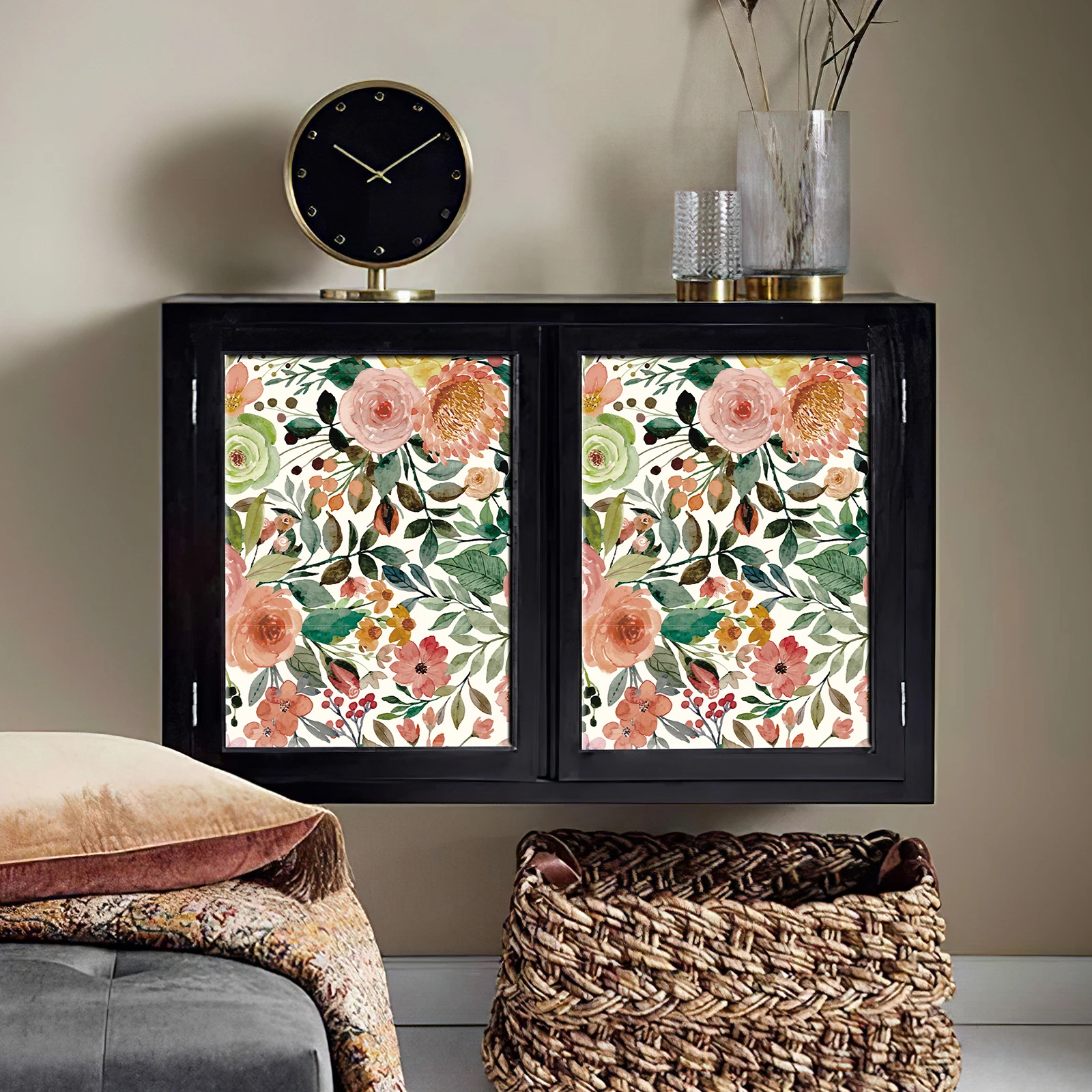 Pink Floral Peel And Stick Wallpaper Classic Green Leaves Watercolor Home Wall Decor Waterproof Flower Furniture Cabinet sticker