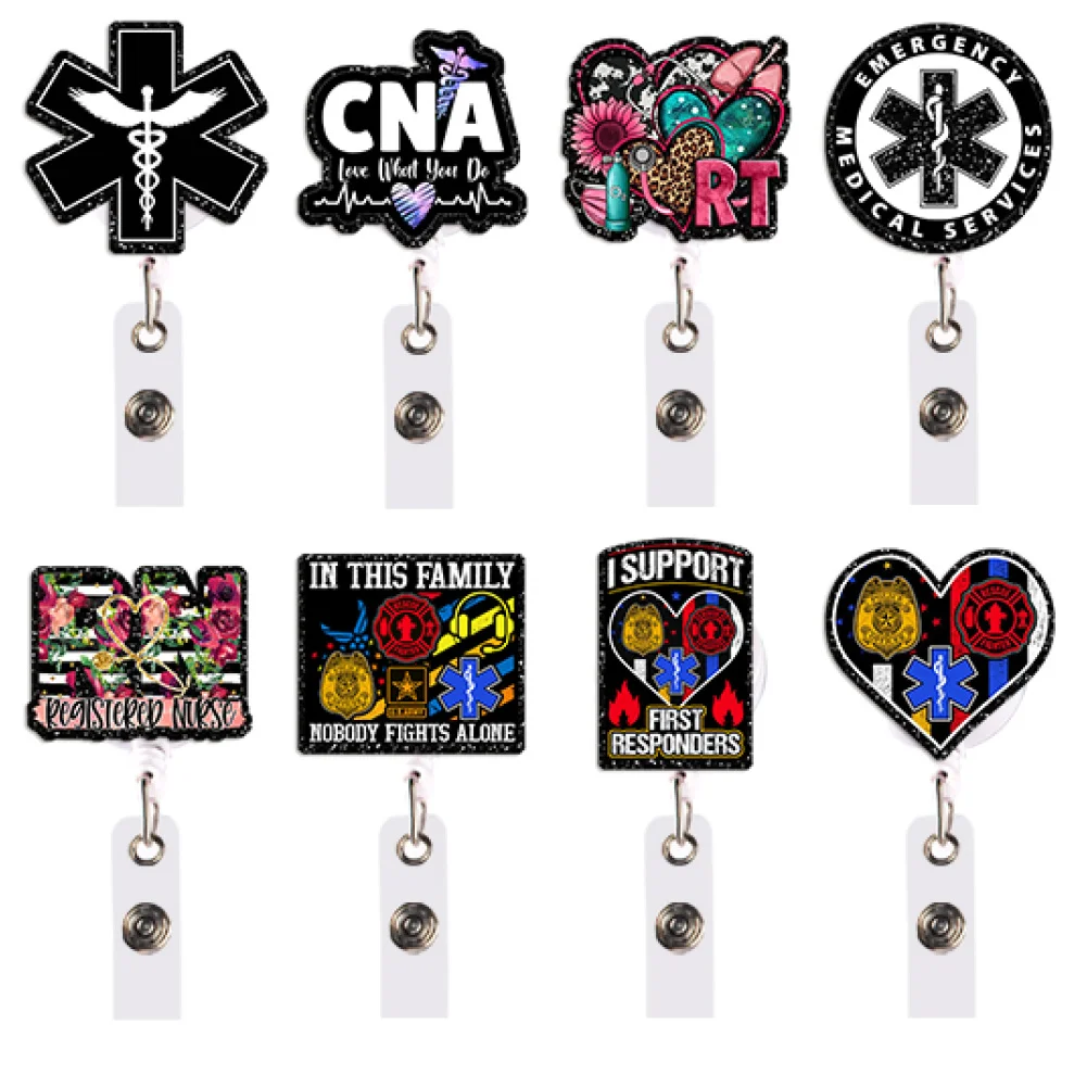 Medical Doctor Nurse Cartoon Color Glitter Acrylic Reel Clip Retractable Badge Holder Reel Clip-On Name Badge Tag ID Card Holder
